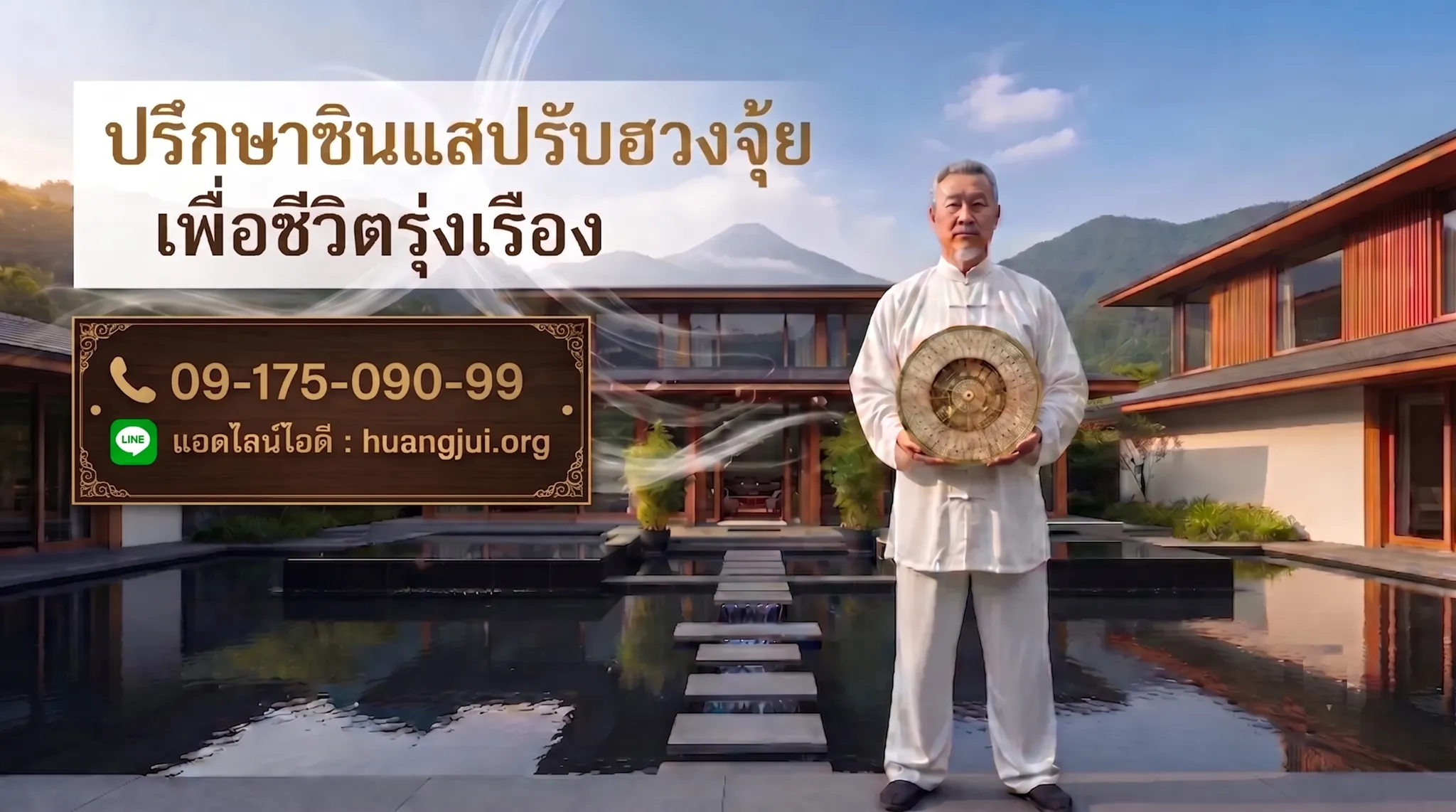 ซินแสฮวงจุ้ยยืนถือเข็มทิศจีนด้านหลังเป็นน้ำและบ้าน